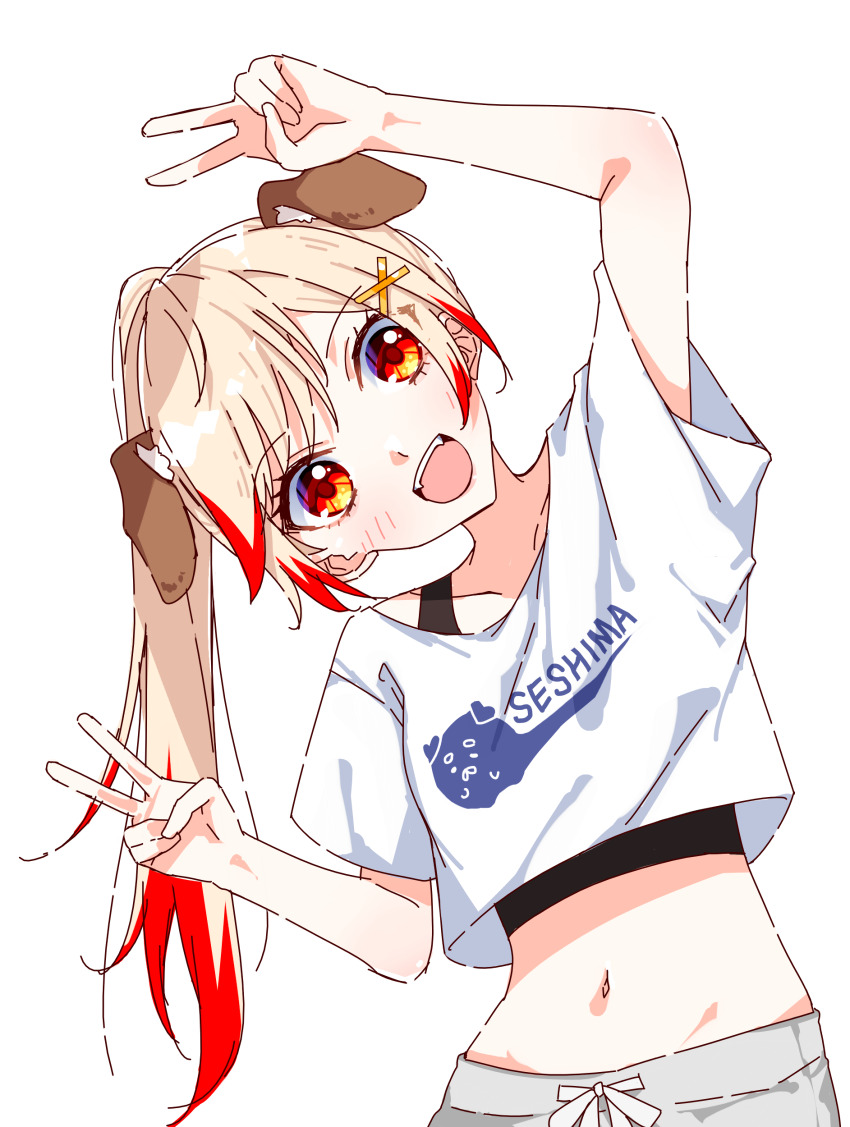1girl :d absurdres animal_ears black_tank_top blonde_hair blush chukachuka commentary_request dog_ears dog_girl double_v droopy_ears grey_shorts hair_ornament high_ponytail highres leaning_to_the_side long_hair midriff multicolored_hair nanashi_inc. navel open_mouth orange_eyes ponytail red_hair seshima_rui shirt shorts simple_background smile solo tank_top teeth transparent_background two-tone_hair upper_body upper_teeth_only v virtual_youtuber white_shirt x_hair_ornament