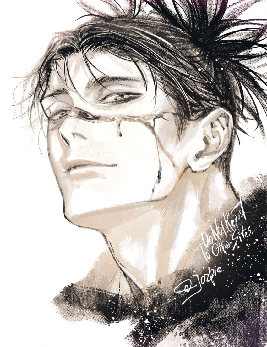 1boy black_hair blood blood_on_face choso_(jujutsu_kaisen) closed_mouth highres jozpic jujutsu_kaisen light_smile lips looking_at_viewer male_focus monochrome nose portrait scar scar_on_face short_hair short_twintails simple_background solo twintails white_background