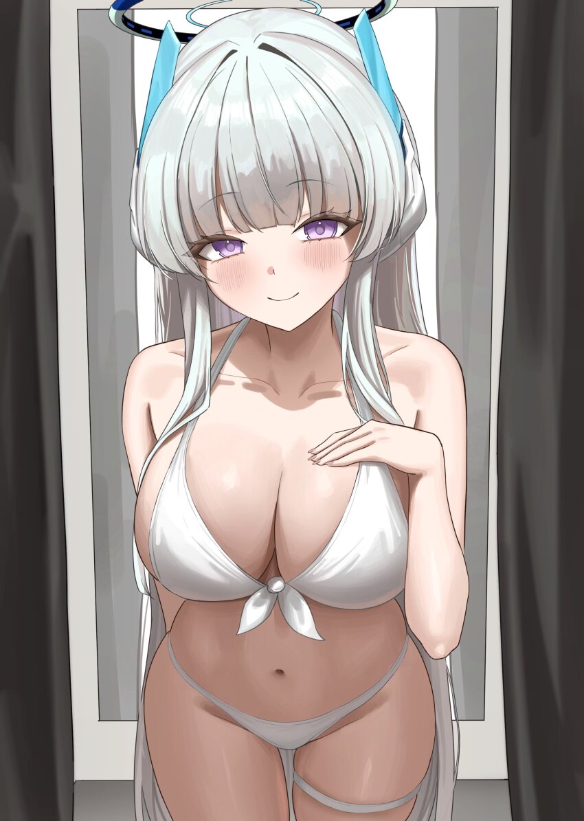 1girl absurdres alternate_costume bare_shoulders bikini blue_archive blush closed_mouth collarbone commentary fast_owl fingernails grey_hair hand_on_own_chest hand_up hashtag-only_commentary highres long_hair looking_at_viewer navel noa_(blue_archive) purple_eyes smile solo stomach swimsuit thigh_strap very_long_hair white_bikini