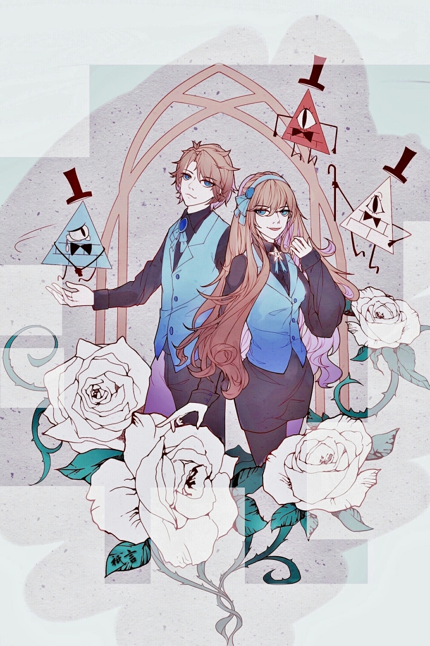 1boy 1girl aqua_eyes aqua_vest ascot bill_cipher brooch brother_and_sister brown_hair cane collared_shirt crying dark_persona dipper_gleeful dipper_pines facial_mark flower forehead_mark formal_clothes gem gravity_falls hair_ornament hairband hat highres jewelry long_hair mabel_gleeful mabel_pines pencil_skirt pentagram rose shirt short_hair siblings skirt swept_bangs top_hat twins vest will_cipher