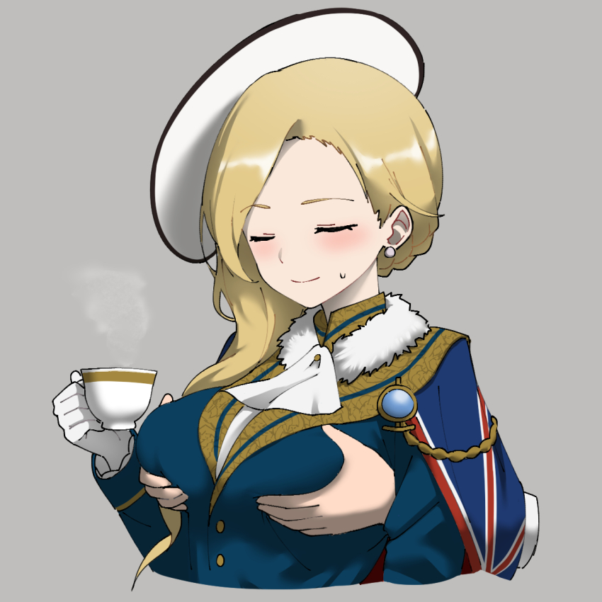 1boy 1girl ascot azur_lane badge blonde_hair blue_background blue_capelet blush breasts capelet closed_eyes commentary cup dress earrings english_commentary flower gloves grabbing_another&#039;s_breast grey_background groping hair_ornament hair_over_shoulder hat highres holding holding_cup hood_(azur_lane) jewelry large_breasts long_hair looking_at_viewer parallelrey simple_background smile solo sun_hat sweat teacup union_jack union_jack_print upper_body white_ascot white_gloves