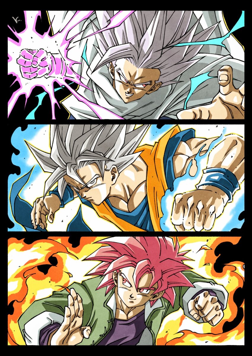 3boys aura black_shirt brothers cape dougi dragon_ball dragon_ball_super dragon_ball_super_super_hero family father_and_son goku_day green_jacket grey_eyes grey_hair highres jacket kakeru_(dbskakeru) long_hair male_focus medium_hair multiple_boys red_eyes red_hair shirt siblings son_gohan son_goku son_goten spiked_hair super_saiyan super_saiyan_god ultra_instinct upper_body white_cape