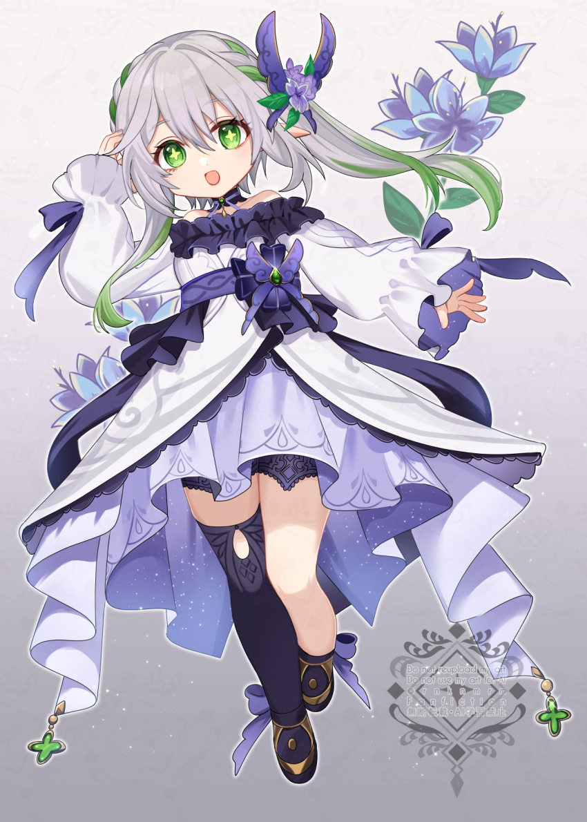 1girl black_shoes black_shorts black_thighhighs cross-shaped_pupils dress flower genshin_impact green_eyes green_hair grey_hair hair_between_eyes hair_flower hair_ornament highres hiki_yuichi jewelry long_hair long_sleeves multicolored_hair nahida_(genshin_impact) open_mouth pointy_ears shoes shorts side_ponytail single_thighhigh solo streaked_hair symbol-shaped_pupils thighhighs white_dress