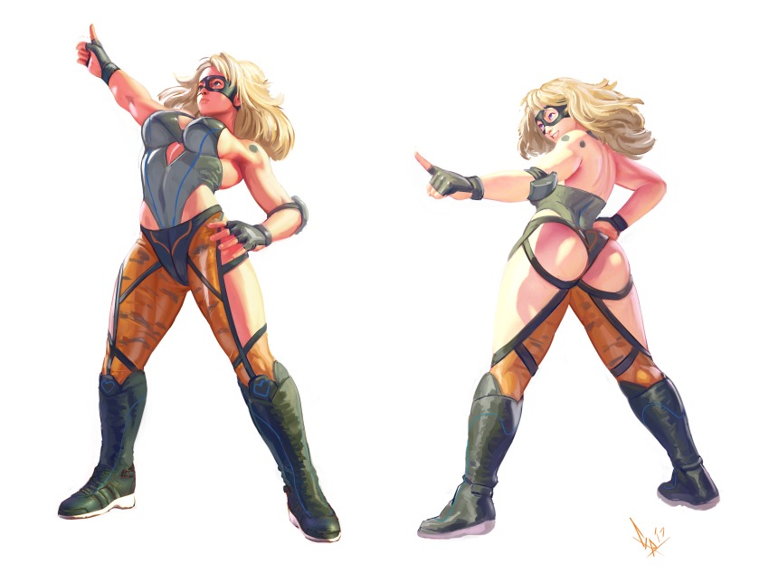 1girl absurdres alternate_hair_length alternate_hairstyle ass blonde_hair blue_eyes boots breasts chaps cleavage commentary cosplay cosplay_request diepod domino_mask fingerless_gloves full_body gloves hair_down highleg highleg_leotard highres knee_boots large_breasts leotard long_hair mask multiple_views rainbow_mika street_fighter street_fighter_v white_background