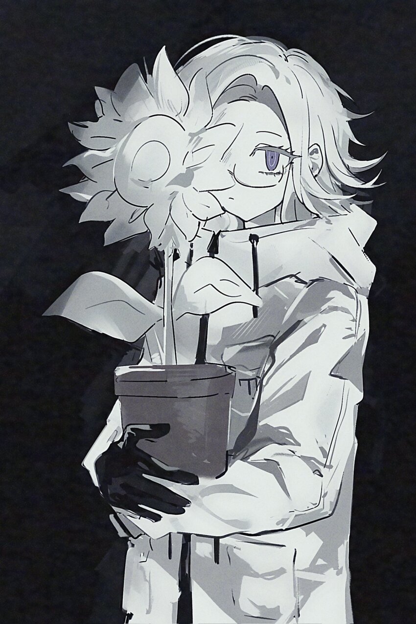 1boy ac_warlock aotsuki_eito black_background flower flower_pot glasses gloves greyscale highres holding holding_flower_pot jacket looking_at_viewer male_focus monochrome one_eye_covered plant potted_plant short_hair simple_background solo spot_color sunflower the_hundred_line_-last_defense_academy- upper_body
