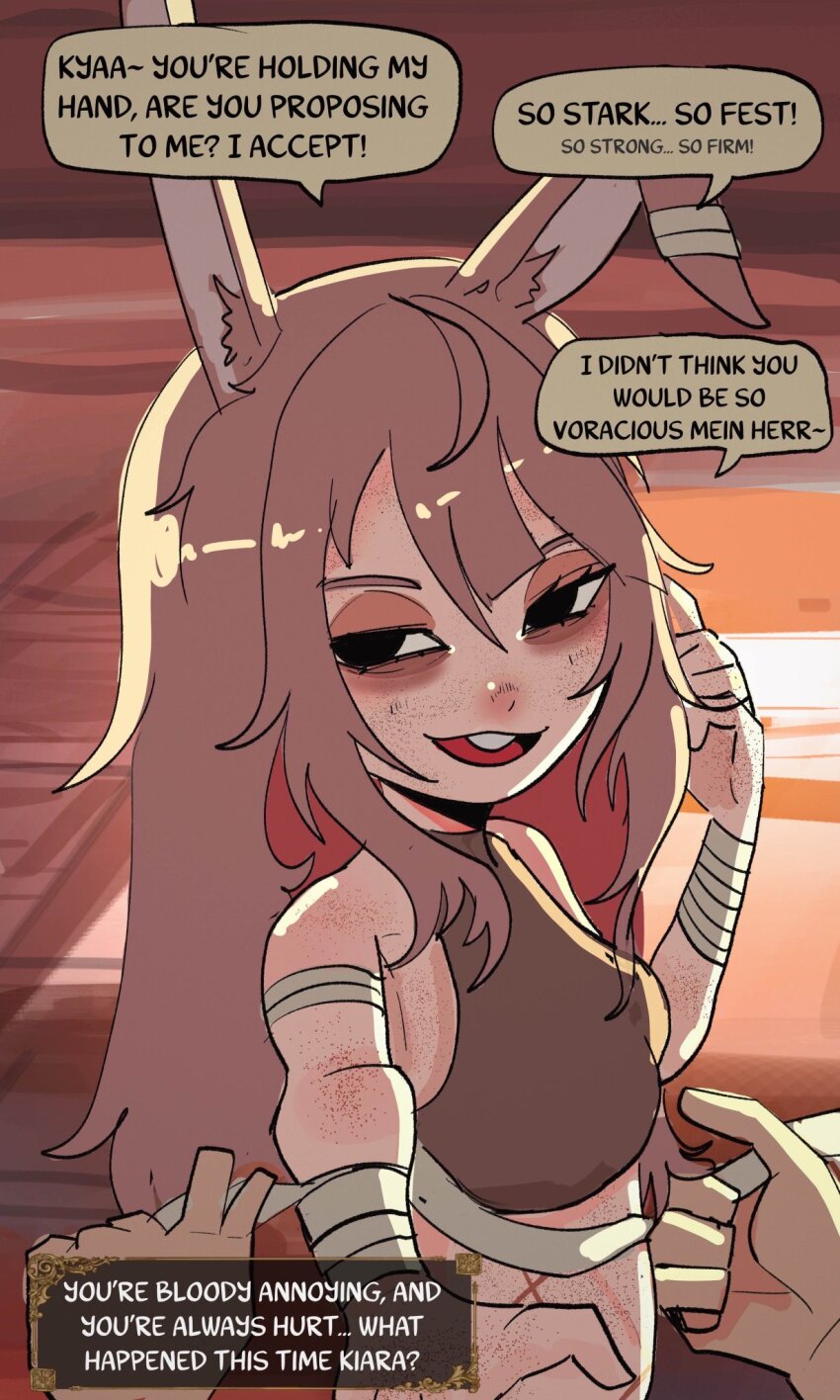 1girl animal_ears bandages basedbinkie breasts brown_hair chivalry_starved highres kiara_haas_(basedbinkie) long_hair messy_hair midriff petite pov rabbit_ears rabbit_girl scar small_breasts speech_bubble