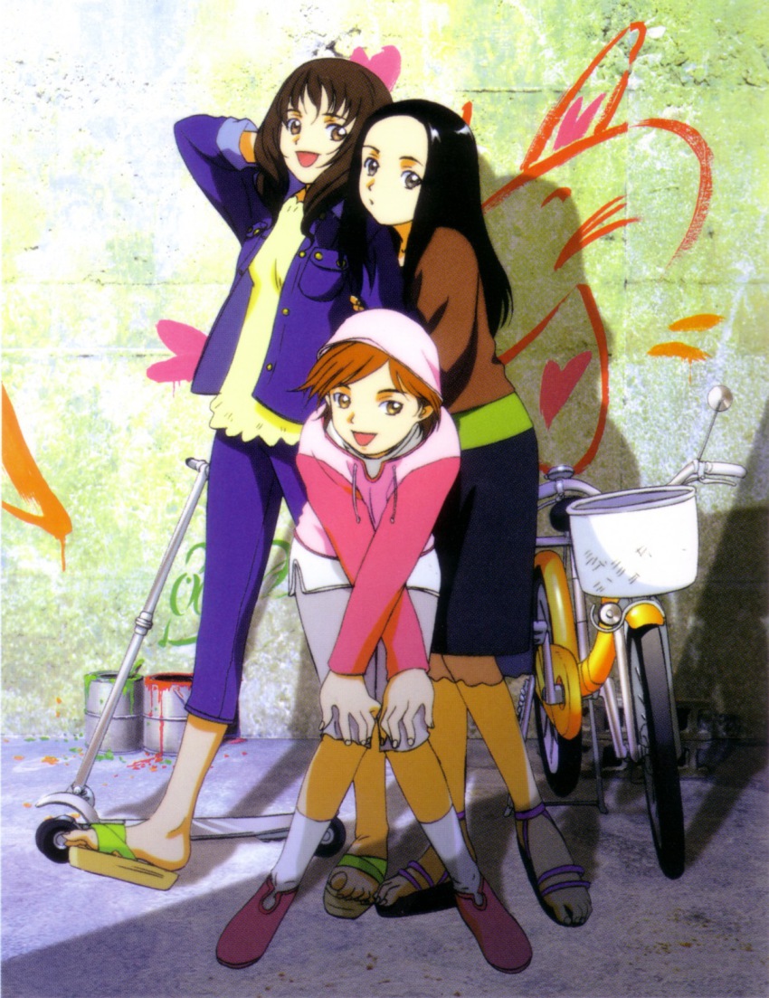 00s 3girls :d against_wall bent_over bicycle black_hair breasts brown_eyes brown_hair bucket day gear_fighter_dendou gear_senshi_dendou graffiti highres hisayuki_hirokazu long_hair long_sleeves looking_at_viewer looking_back multiple_girls official_art open_mouth outdoors small_breasts smile standing wall