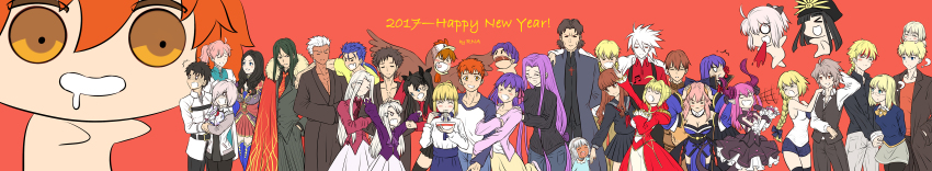 10s 6+boys 6+girls absurdres ahoge altera_(fate) animal_ears archer_(fate/stay_night) artoria_pendragon_(fate) bb_(fate) bb_(fate/extra) black_hair black_legwear black_pants blank_eyes blonde_hair blue_hair bowl braid breasts brown_hair caster_(fate/grand_order) cleavage closed_eyes cu_chulainn_(fate) cu_chulainn_(fate/stay_night) dark_skin elizabeth_bathory_(fate) emiya_kiritsugu emiya_shirou fate/apocrypha fate/extra fate/extra_ccc fate/grand_order fate/prototype fate/stay_night fate/strange_fake fate/zero fate_(series) food fou_(fate) fujimaru_ritsuka_(female) fujimaru_ritsuka_(male) fujimura_taiga gilgamesh_(fate) glasses hair_between_eyes hair_ornament hair_ribbon happy_new_year highres holding holding_bowl horns illyasviel_von_einzbern irisviel_von_einzbern jeanne_d&#039;arc_(fate) jeanne_d&#039;arc_(ruler)_(fate) karna_(fate) kishinami_hakuno_(female) kishinami_hakuno_(male) koha-ace kotomine_kirei large_breasts long_braid long_hair long_image long_sleeves looking_at_viewer lord_el-melloi_ii mash_kyrielight matou_sakura matou_shinji medea_(caster)_(fate) medea_(fate) medium_hair multiple_boys multiple_girls necktie nero_claudius_(fate) nero_claudius_(fate/extra) new_year oda_nobunaga_(fate) oda_nobunaga_(koha-ace) okita_souji_(fate) okita_souji_(koha-ace) pants pink_hair purple_hair purple_legwear purple_ribbon red_eyes ribbon richard_i_(fate) rna_(angel-smelter) saber_(fate) sajou_ayaka_(fate/prototype) sajou_manaka school_uniform shirt short_hair sieg_(fate) single_braid sleeveless sleeveless_shirt solomon_(fate) spiked_hair tamamo_(fate) tamamo_no_mae_(fate) thighhighs thighs tohsaka_rin very_long_hair vest waistcoat waver_velvet white_hair white_shirt wide_image