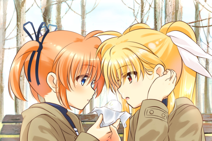 2girls bench black_ribbon blonde_hair blue_eyes blush couple fate_testarossa food hair_ribbon happy holding holding_food holding_hands jacket kerorokjy long_hair lyrical_nanoha mahou_shoujo_lyrical_nanoha multiple_girls orange_hair red_eyes ribbon sharing_food short_twintails takamachi_nanoha twintails white_ribbon winter yuri