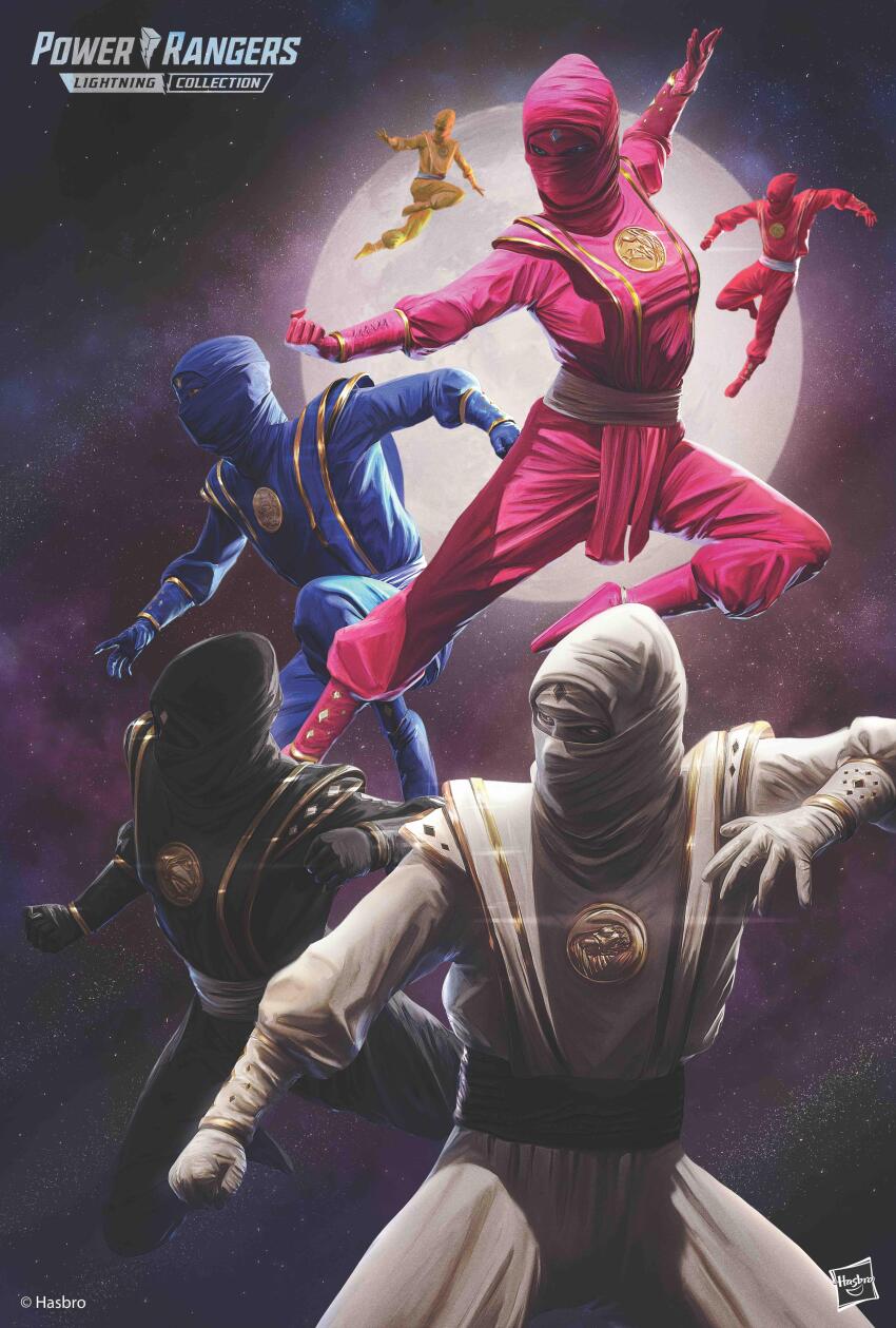 2girls 4boys absurdres black_boots black_gloves black_mask black_ninja_ranger black_sash black_shirt blue_boots blue_gloves blue_mask blue_ninja_ranger blue_shirt boots carlosdattoliart clenched_hand clenched_hands commentary copyright_name english_commentary floating flying_kick forehead_jewel gloves hasbro highres huge_moon kicking lens_flare medallion mighty_morphin_power_rangers moon multiple_boys multiple_girls official_art pink_boots pink_gloves pink_loincloth pink_mask pink_ninja_ranger pink_shirt power_rangers red_boots red_gloves red_mask red_ninja_ranger red_shirt sash second-party_source shirt sky star_(sky) starry_sky white_gloves white_ninja_ranger white_sash white_shirt wrinkled_fabric yellow_boots yellow_gloves yellow_mask yellow_ninja_ranger yellow_shirt