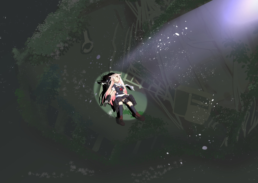 1girl adapted_turret black_ribbon black_serafuku black_socks blonde_hair breasts closed_eyes gradient_hair hair_flaps hair_ornament hair_ribbon hairclip highres kantai_collection long_hair lying medium_breasts multicolored_hair neckerchief on_back pink_hair red_neckerchief ribbon rigging scarf school_uniform serafuku short_sleeves socks solo tsun&#039;ichi_(tsun1) underwater very_long_hair white_scarf yuudachi_(kancolle) yuudachi_kai_ni_(kancolle)