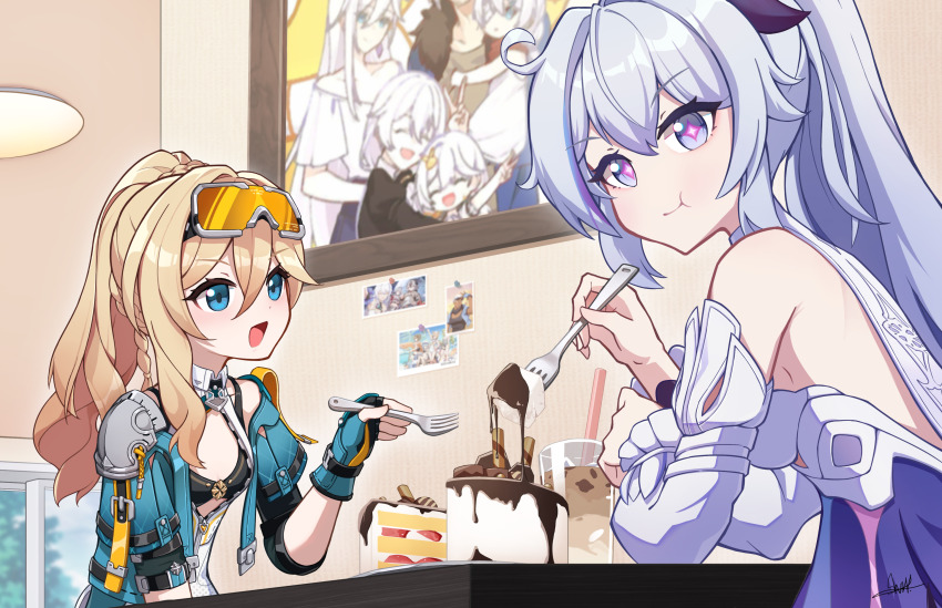2girls :d absurdres bare_shoulders blonde_hair blue_eyes cake commentary cup detached_sleeves dress drinking_glass durandal_(honkai_impact) durandal_(reign_solaris)_(honkai_impact) fingerless_gloves food fork gloves goggles goggles_on_head grey_eyes grey_hair highres holding holding_fork honkai_(series) honkai_impact_3rd indoors kiana_kaslana kiana_kaslana_(apho) kiana_kaslana_(herrscher_of_finality) long_hair long_sleeves looking_at_viewer multiple_girls open_mouth pink_pupils shuni_valentine smile two-tone_dress white_dress