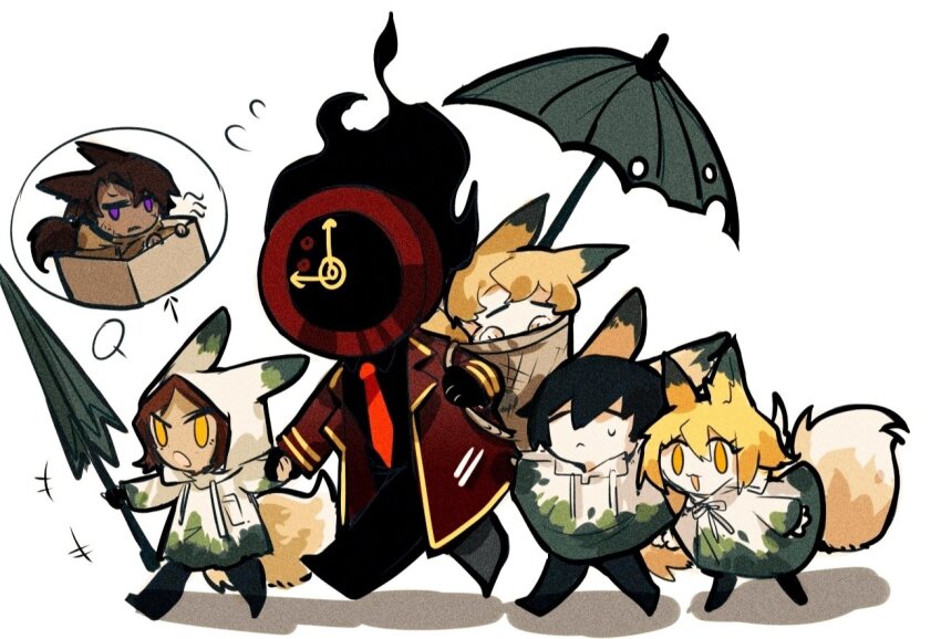 1other 2girls 3boys aislan animal_ears black_gloves black_hair brown_hair brown_raincoat chibi clock coat dante_(limbus_company) don_quixote_(project_moon) e.g.o_(project_moon) fire fox_ears fox_tail full_body gloves heathcliff_(project_moon) limbus_company long_sleeves looking_at_another multiple_boys multiple_girls necktie object_head outis_(project_moon) project_moon purple_eyes raincoat red_coat red_necktie short_hair simple_background sinclair_(project_moon) standing sunshower_(e.g.o) tail umbrella white_background white_raincoat yellow_eyes yi_sang_(project_moon)