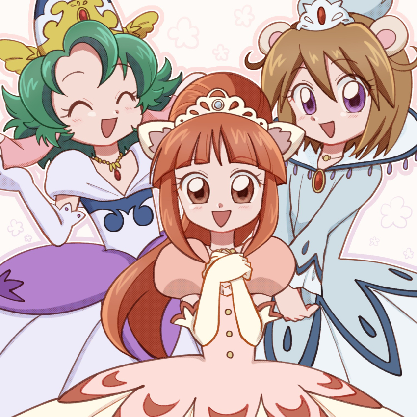 3girls :d ^_^ animal_ears arched_crown beaver_ears blue_crown blue_dress blue_gemstone blush bob_cut brooch brown_eyes brown_hair buttons closed_eyes commentary cowboy_shot cowlick crown dog_ears doodle_background dress elbow_gloves flower_symbol fushigiboshi_no_futago_hime gem gloves gold_necklace gown green_hair hair_between_eyes halftone hands_on_own_chest high_ponytail highres hinoki_(91011) jewelry leonne_(futagohime) lion_ears lion_girl long_hair long_sleeves looking_at_viewer miruro_(futagohime) multiple_girls necklace open_mouth orange_dress orange_hair outline own_hands_together pink_outline ponytail princess puffy_short_sleeves puffy_sleeves purple_dress purple_eyes purple_gloves red_brooch red_gemstone short_hair short_sleeves smile sophie_(futagohime) supportasse tiara triangle_mouth white_background white_gloves white_tiara wide_sleeves