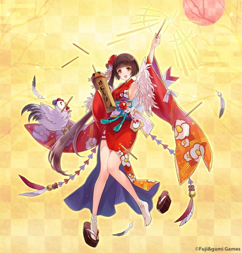 1girl arm_up azusa_yumi_(phantom_of_the_kill) bird blunt_bangs breasts brown_hair chicken commentary_request detached_sleeves ema feathers full_body hand_up holding_omikuji japanese_clothes kimono looking_at_viewer obi official_alternate_costume official_art okobo omikuji one_side_up open_mouth phantom_of_the_kill platform_sandals red_kimono sandals sash second-party_source sideboob socks solo straight-on tabi thighs white_socks yellow_eyes