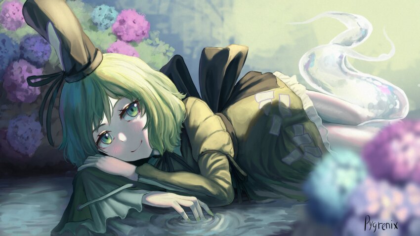 1girl absurdres black_hat blurry blurry_foreground closed_mouth commentary depth_of_field flower green_eyes green_hair hat highres hydrangea long_sleeves looking_at_viewer outdoors pygrenix short_hair signature smile soga_no_tojiko solo symbol-only_commentary tate_eboshi touhou