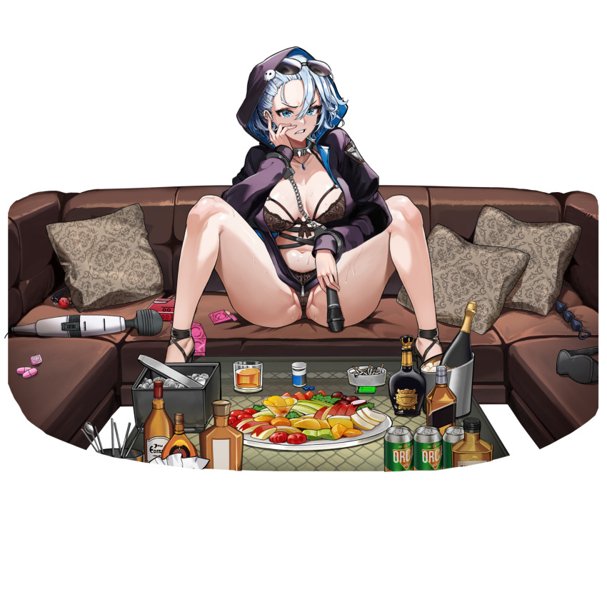 1girl alcohol anal_beads apple ashtray ass ball_gag bare_legs beer_can black_bow black_footwear black_hoodie black_panties blue_eyes blue_gemstone blue_hair bow bow_bra bra breasts breasts_apart can champagne_bottle chest_strap cigarette coffee_table collar collarbone condom condom_box condom_wrapper couch cuffs cup drink_can ear_piercing egg_vibrator eye_mask eyewear_on_head fang food fruit gag gem glass_bottle hair_between_eyes hand_on_own_face handcuffs high_heels highres hitachi_magic_wand holding holding_microphone hood hood_up hoodie ice ice_cube jewelry karaoke_box kiwi_(fruit) lace lace_bra lace_panties large_breasts last_origin light_blue_hair lighter lingerie looking_at_viewer microphone naked_hoodie navel necklace non-web_source official_alternate_costume official_art on_couch open_clothes open_hoodie open_mouth panties partially_visible_vulva piercing pill pill_bottle pillow plate police police_uniform scowl sex_toy short_hair simple_background sitting solo sonia_of_devastation spiked_collar spikes spread_legs strappy_heels sunglasses sweat table tachi-e teeth transparent_background u-rix underbust underwear v-shaped_eyebrows vibrator