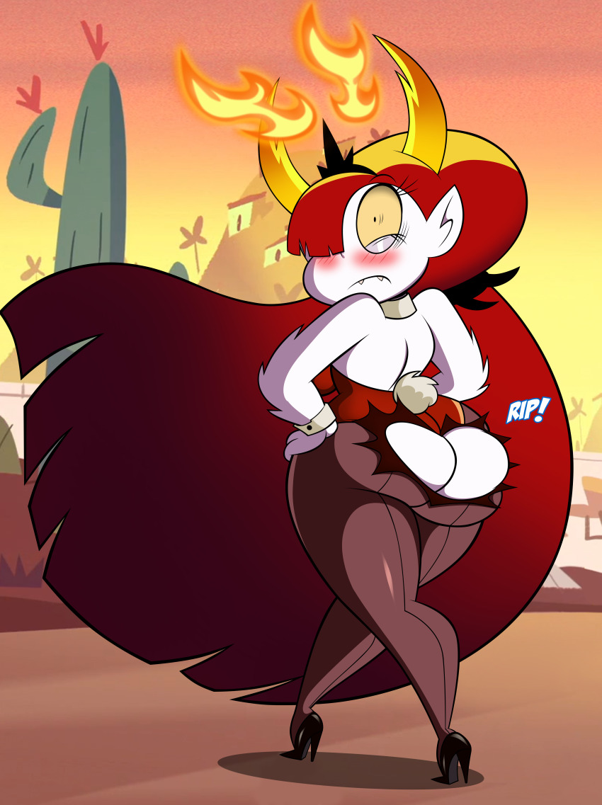 1girl absurdres ass big_hair blush breasts cleavage closed_mouth colored_skin curvy demon_horns disney eyelashes fangs fire frown grimphantom hair_over_one_eye hand_on_own_hip hekapoo high_ponytail highres horns huge_ass large_breasts leotard long_hair nude pantyhose playboy_bunny pointy_ears ponytail rabbit_tail red_hair solo star_vs_the_forces_of_evil tail thick_thighs thighs tiara toon_(style) torn_clothes very_long_hair wide-eyed