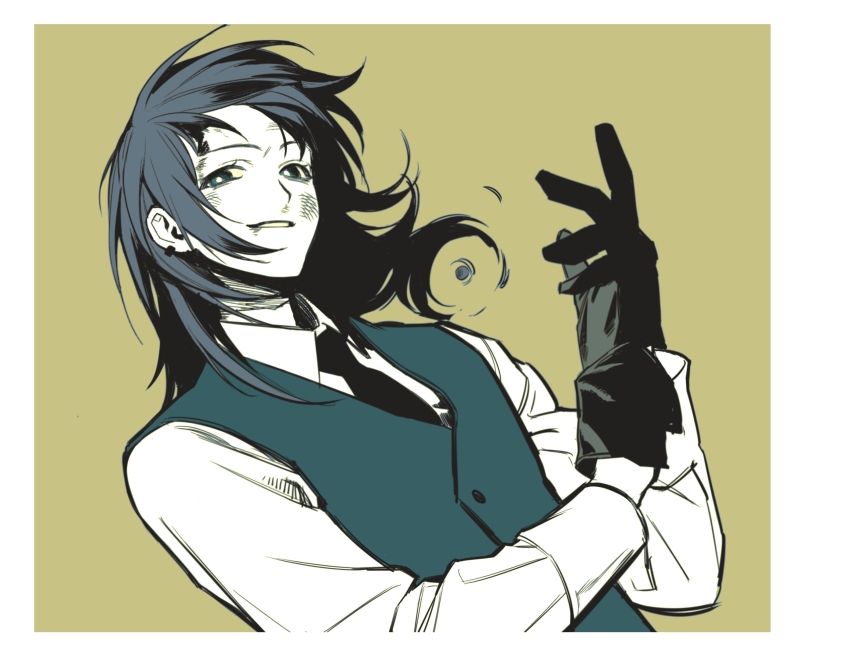 1girl bang_dream! bang_dream!_it&#039;s_mygo!!!!! black_gloves black_hair black_necktie blood blood_from_mouth blood_on_face bruise bullet collared_shirt commentary_request cracy_logan dodging earclip gloves green_background hands_up highres injury long_hair long_sleeves necktie parted_lips shirt simple_background smile solo white_shirt yahata_umiri