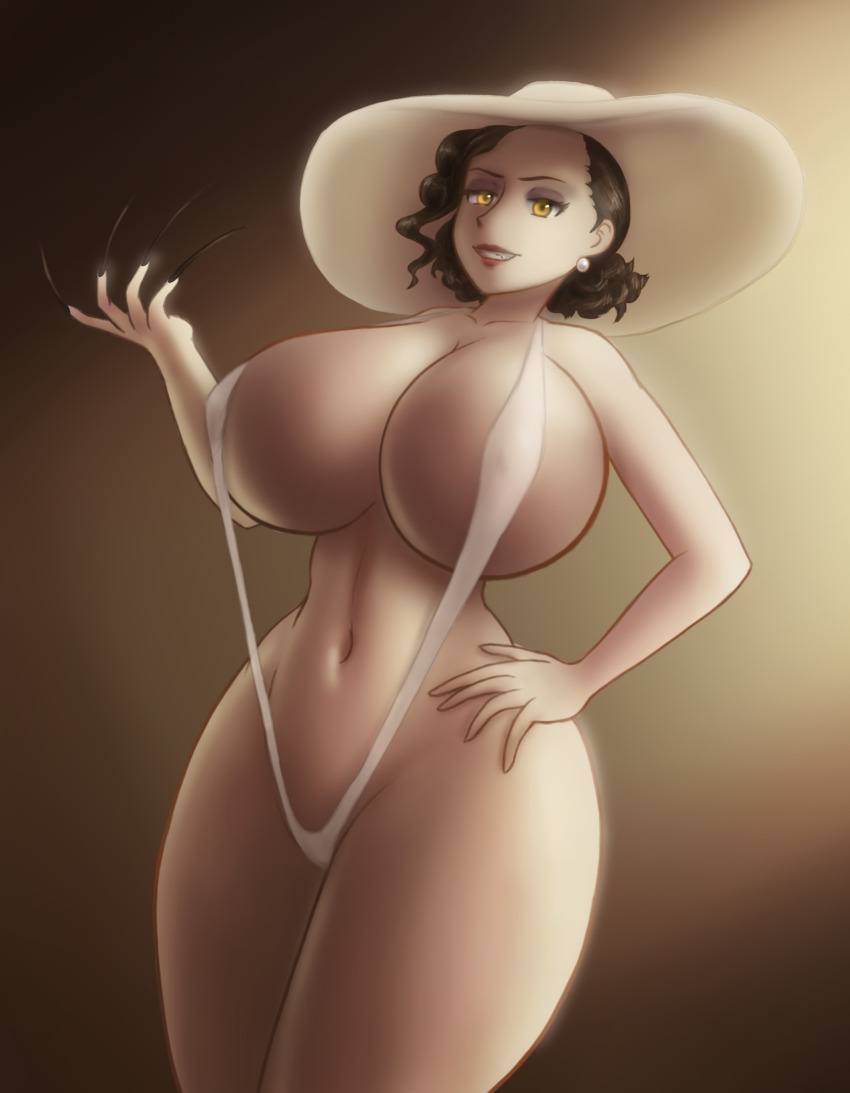 1girl absurdres alcina_dimitrescu ass belly bikini black_hair bow breasts capcom cleavage earrings female_focus fingernails hand_on_own_hip hat highres huge_ass huge_breasts jewelry mature_female midriff navel resident_evil resident_evil_village saf-404 short_hair slingshot_swimsuit smile swimsuit thick_thighs thighs vampire white_bikini wide_hips yellow_eyes