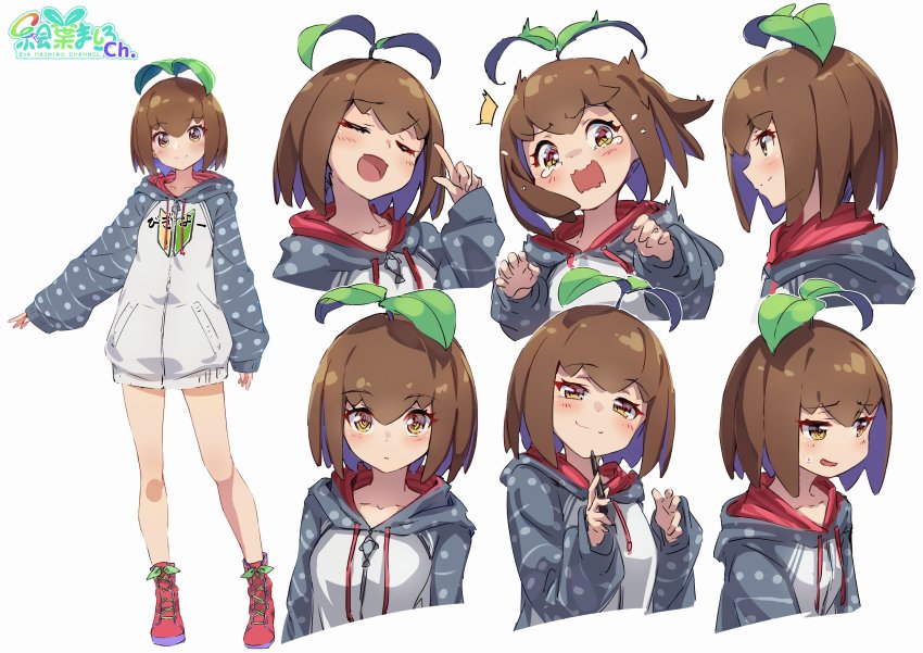 1girl absurdres blush boots breasts brown_hair reference_sheet closed_eyes eva_mashiro eva_mashiro_(vtuber) multiple_expressions grey_jacket highres holding holding_stylus hood hooded_jacket index_finger_raised indie_virtual_youtuber jacket lace-trimmed_boots lace_trim long_sleeves multiple_views red_footwear short_hair shoshinsha_mark small_breasts smile smug sprout_on_head stylus surprised sweatdrop tearing_up virtual_youtuber yellow_eyes