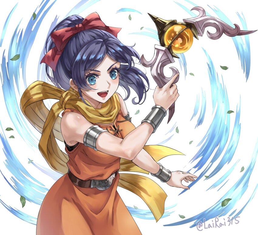 1girl 888666 :d armlet belt blue_eyes blue_hair boomerang bow bracer breasts colored_eyelashes commentary_request cowboy_shot dragon_quest dragon_quest_x floating_clothes floating_hair gem hair_bow highres holding_boomerang jewelry leaf medium_breasts mereade open_mouth orange_gemstone orange_tunic pink_bow ponytail scarf silver_armlet sleeveless_tunic smile solo tunic twitter_username white_background yellow_scarf