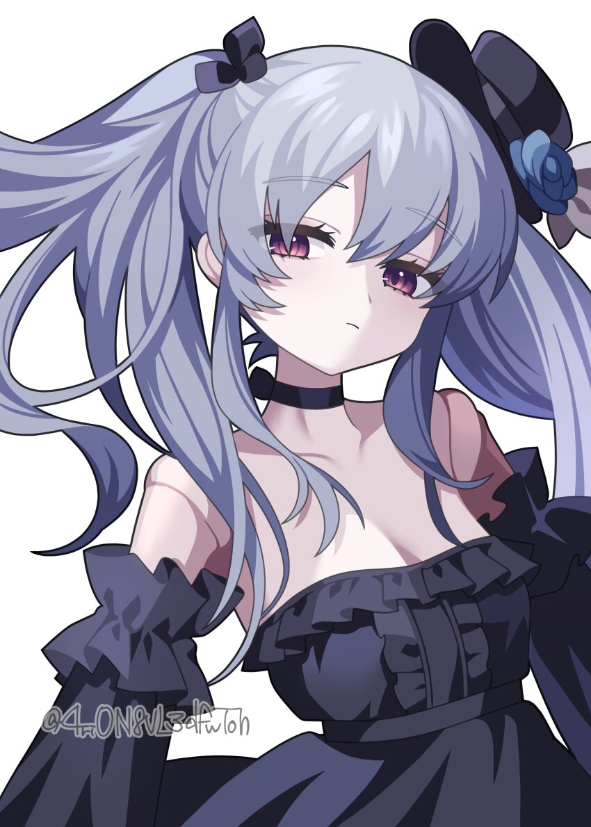 1girl 4rion absurdres artist_name black_choker black_dress black_hat black_sleeves choker detached_sleeves doll_joints dress frills grey_hair hat highres joints long_hair mini_hat orchis purple_eyes shadowverse shadowverse:_worlds_beyond simple_background solo twintails twitter_username upper_body white_background