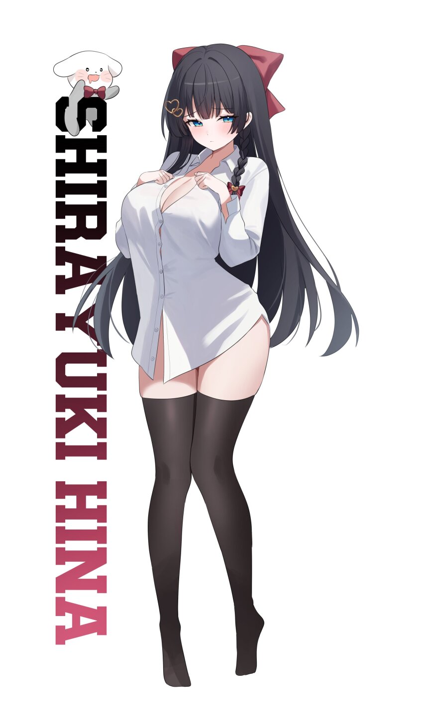 1girl absurdres black_hair black_thighhighs blue_eyes bow braid breasts button_gap buttons character_name cleavage closed_mouth collared_shirt dress_shirt frown full_body hair_bow hair_ornament heart heart_hair_ornament highres large_breasts long_hair long_sleeves looking_at_viewer naked_shirt nannung no_shoes partially_unbuttoned shirayuki_hina shirt simple_background solo stellive thighhighs tiptoes very_long_hair virtual_youtuber white_background white_shirt