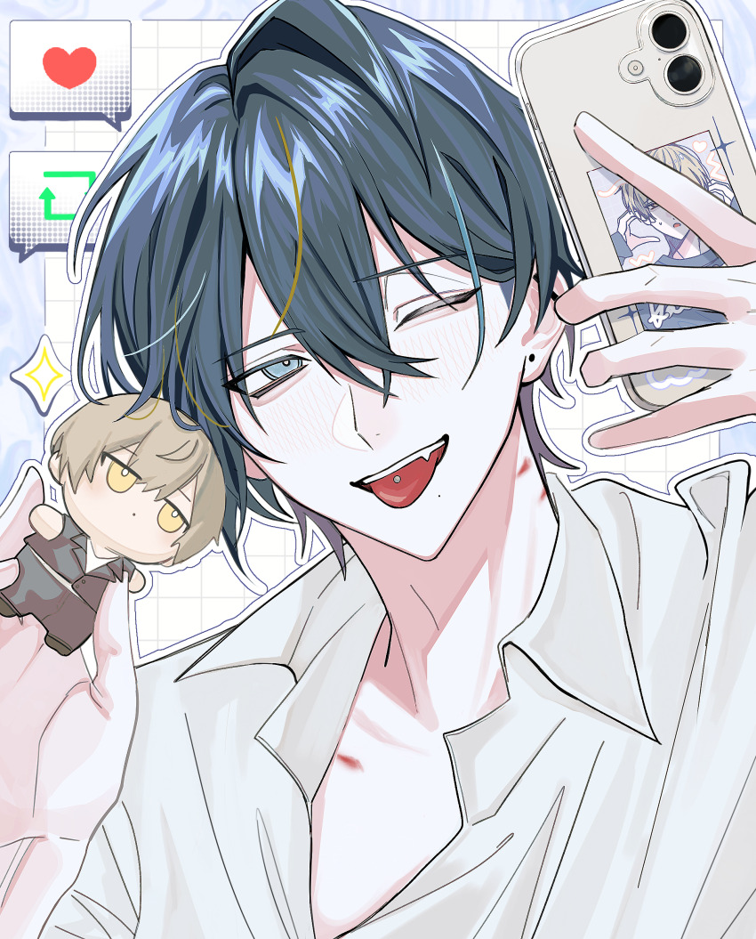 1boy absurdres anyu_3da arrow_(symbol) blue_eyes border cellphone character_doll collared_shirt commentary doll double-parted_bangs fang grey_border grid_background hair_between_eyes heart highres holding holding_doll holding_phone jitome like_and_retweet looking_at_viewer male_focus one_eye_closed open_collar open_mouth original outline outside_border phone photo_(object) selfie shirt short_hair smartphone speech_bubble teeth tongue tongue_out tsurime upper_body upper_teeth_only white_background white_outline white_shirt yellow_eyes