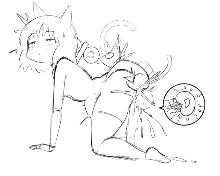 1girl ahegao animal_ears bestiality breasts cat cat_ears cat_tail cum cum_in_pussy excessive_cum greyscale huge_testicles mad_mex monochrome nichijou robot sakamoto_(nichijou) sex shinonome_nano short_hair sketch small_breasts stomach_bulge tail testicles thighhighs wide-eyed winding_key x-ray