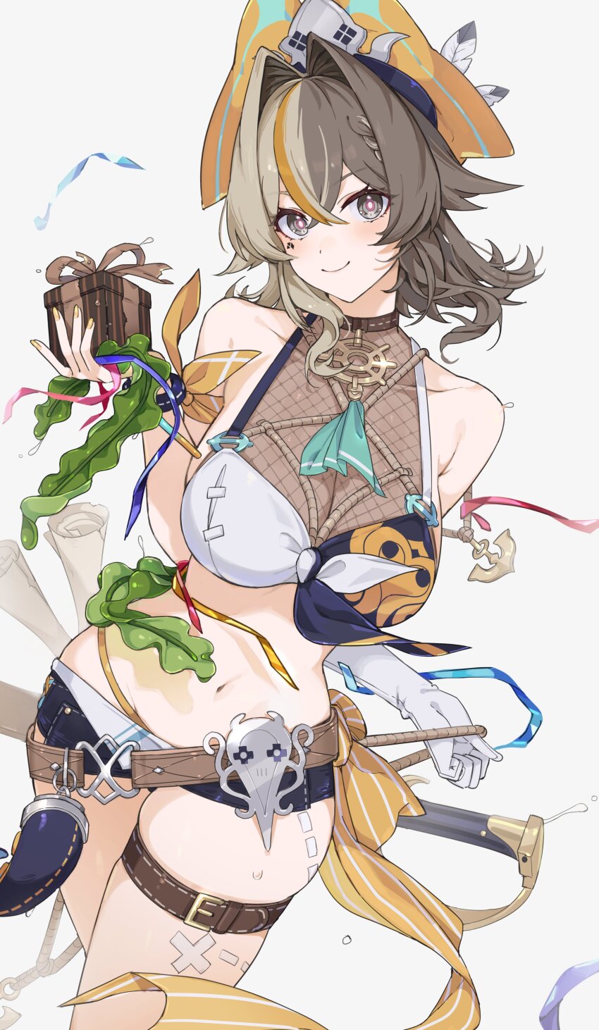 1girl absurdres awe_(adorableduckyy) bare_shoulders belt box breasts brown_eyes brown_hair cleavage closed_mouth commentary cowboy_shot denim denim_shorts facial_mark gift gift_box gloves hair_between_eyes hair_intakes hat hat_feather highres holding holding_gift honkai_(series) honkai_impact_3rd large_breasts light_blush looking_at_viewer mark_under_eye medium_hair multicolored_hair nail_polish navel official_alternate_costume orange_hat pirate_hat red_pupils see-through_cleavage see-through_clothes short_shorts shorts single_glove smile solo stomach streaked_hair thigh_belt thigh_strap thighs vill-v vill-v_(i&#039;m_the_storm) white_gloves yellow_nails