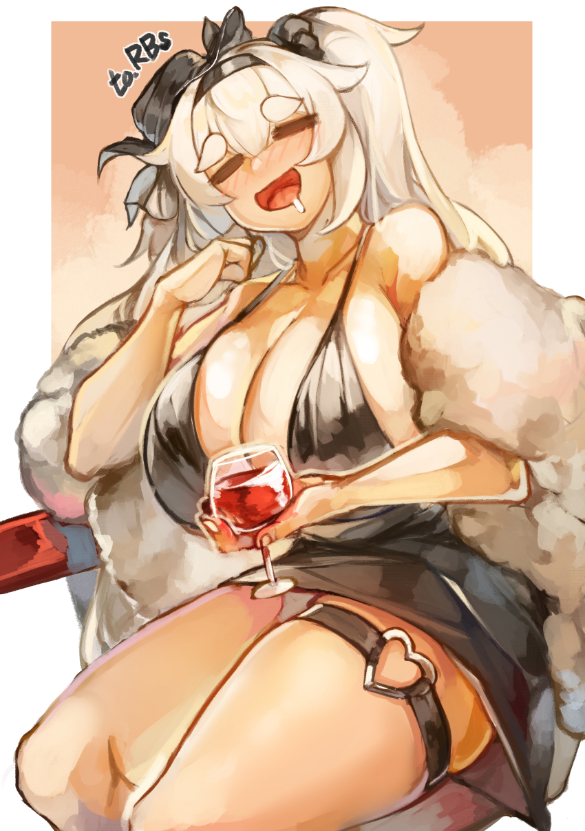 1girl absurdres alcohol alternate_costume alvis_(last_origin) black_bra bra breasts character_request cleavage closed_eyes commission cosplay cup drinking_glass drooling eyelashes female_focus grin head_tilt highres huge_breasts larribee last_origin legs long_hair looking_at_viewer open_mouth red_eyes sitting skirt smile solo standing thick_thighs thighs titania_frost titania_frost_(cosplay) underwear white_hair wide_hips wine wine_glass