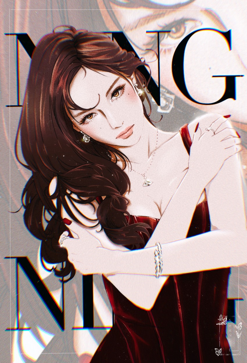 1girl aespa blush bracelet breasts brown_eyes brown_hair character_name chromatic_aberration cleavage collarbone commentary dress earrings english_commentary glint highres jewelry k-pop leaning_to_the_side light_frown long_hair looking_at_viewer medium_breasts mole mole_under_eye necklace ningning_(aespa) pink_lips real_life red_dress red_nails ring shanlieart solo