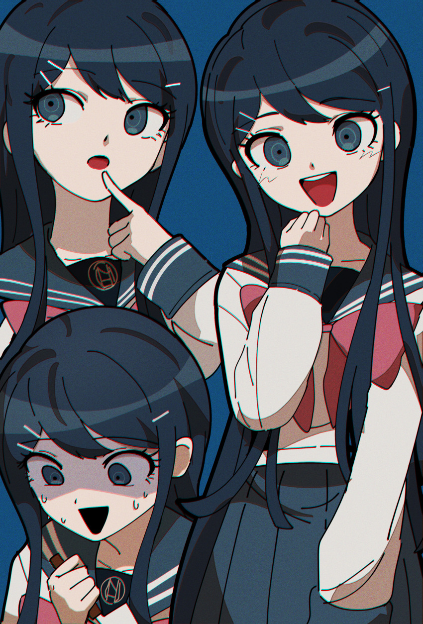 1girl :d absurdres blue_background blue_eyes blue_hair blue_sailor_collar blue_skirt danganronpa:_trigger_happy_havoc danganronpa_(series) finger_to_mouth hair_ornament hairclip highres holding long_sleeves looking_to_the_side maizono_sayaka neckerchief nzeneee open_mouth pleated_skirt red_neckerchief sailor_collar sailor_shirt school_uniform shirt short_hair skirt smile standing sweatdrop white_shirt