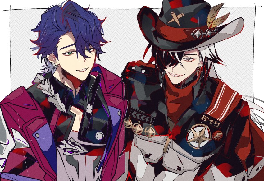 2boys absurdres black_hair boothill_(honkai:_star_rail) commentary_request cowboy cowboy_hat cropped_jacket cyborg green_eyes grey_background hat highres honkai:_star_rail honkai_(series) jacket long_hair looking_at_viewer male_focus multicolored_hair multiple_boys purple_hair sampo_koski sharp_teeth short_hair streaked_hair teeth u_5ham0 upper_body western