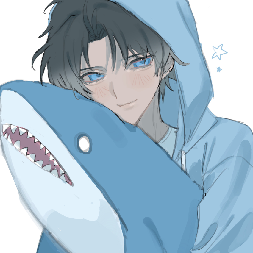 1boy absurdres bartholomew_roberts_(fate) black_hair blue_eyes eyelashes fate/grand_order fate_(series) hair_intakes highres light_blush light_smile male_focus pixiv59088456 short_hair simple_background smile solo star_(symbol) stuffed_animal stuffed_shark stuffed_toy upper_body white_background