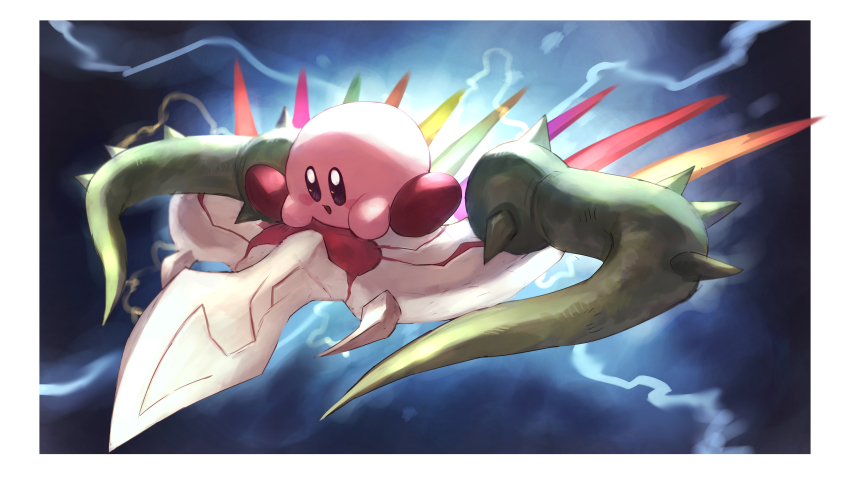absurdres blush_stickers dark_background dragoon_(kirby) highres hydra_(kirby) kirby kirby_(series) kirby_air_ride lightning nintendo no_humans open_mouth riding shiburingaru