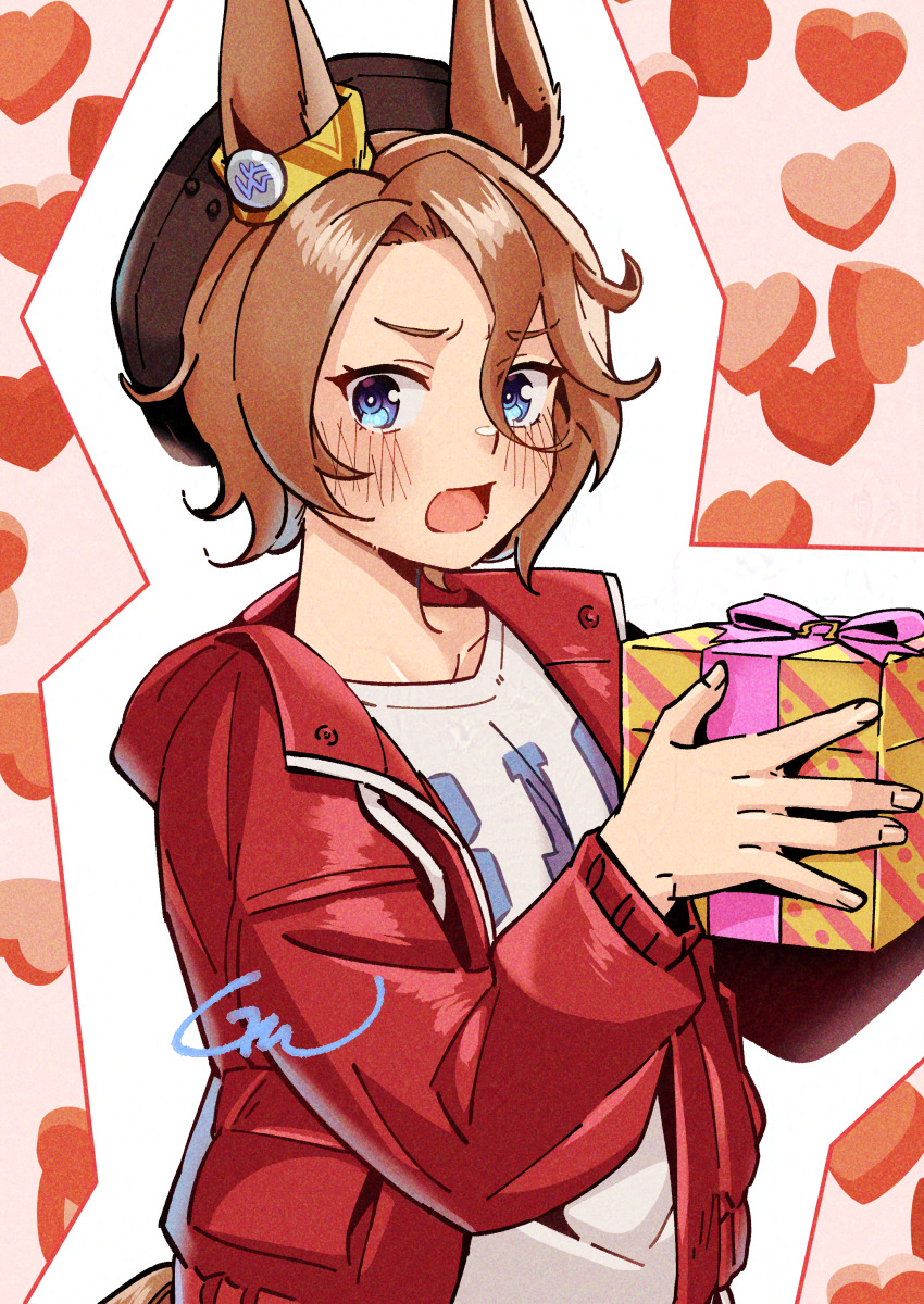 1girl :d absurdres animal_ears blue_eyes blush box brown_hair collarbone commentary_request ear_ornament gaman gift gift_box hair_between_eyes happy_birthday heart highres horse_ears horse_girl horse_tail jacket long_sleeves looking_at_viewer narita_taishin_(umamusume) official_alternate_costume open_clothes open_jacket open_mouth outline red_jacket shirt short_hair smile solo tail umamusume upper_body white_shirt