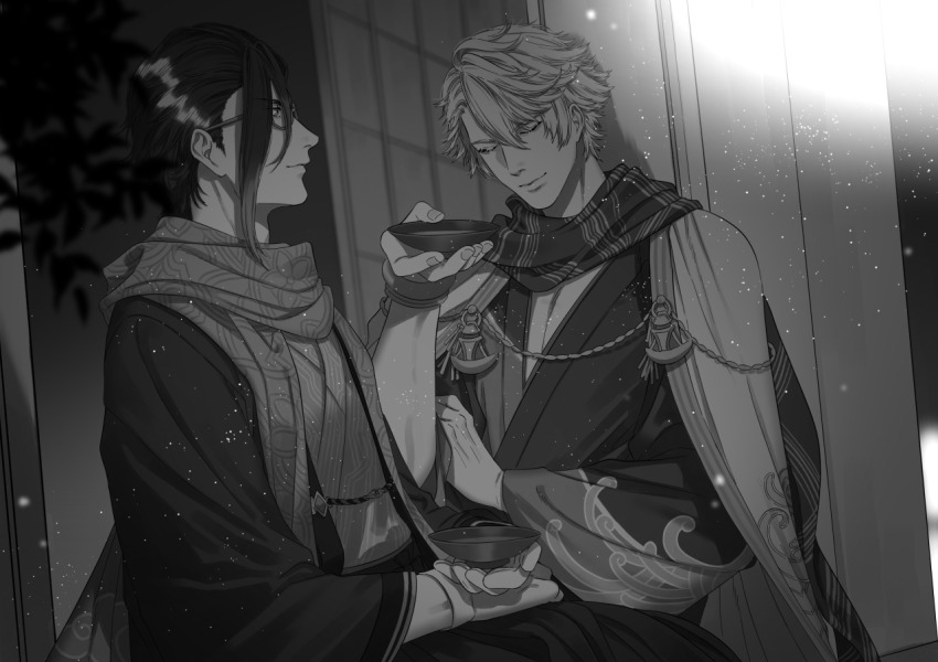 2boys aladdin_(sinoalice) alcohol bracelet cape closed_eyes closed_mouth commission cup floral_print glasses gloves hair_slicked_back hameln_(sinoalice) jewelry mage_(mgmg_ff) male_focus monochrome multicolored_hair multiple_boys new_year night outdoors sakazuki sake scarf short_hair sinoalice sitting smile two-tone_hair