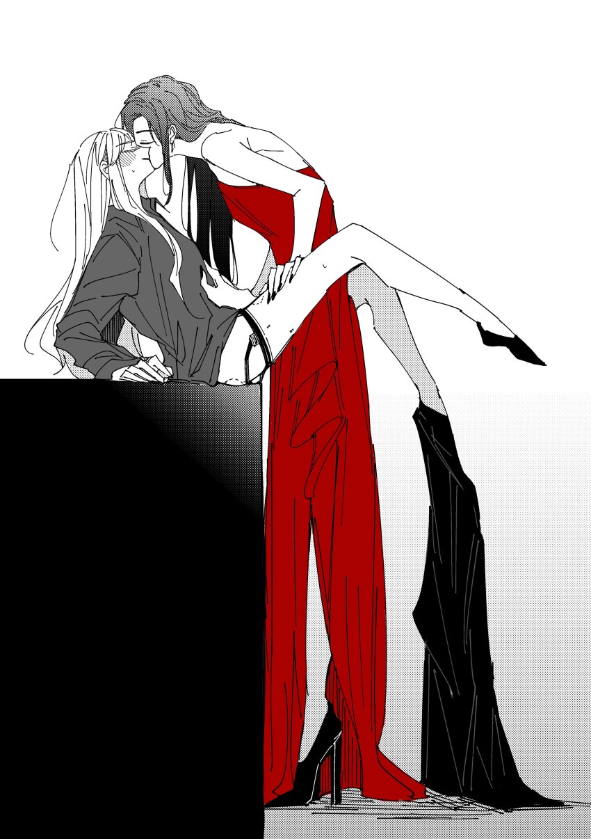 2girls absurdres bare_arms bite_mark bite_mark_on_ass bite_mark_on_thigh blush bottomless closed_eyes closed_mouth collared_shirt commentary_request dress earrings gradient_background greyscale hand_on_another&#039;s_thigh high_heels highres jewelry kiss long_hair long_sleeves monochrome multiple_girls nail_polish original pants_around_one_leg red_dress shirt sleeveless sleeveless_dress spot_color szm_hattori01 tall thigh_strap yuri