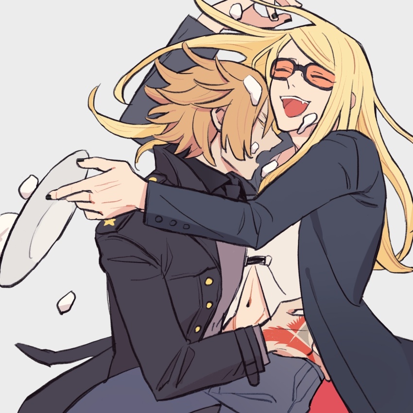 2boys arm_up black-framed_eyewear black_coat black_nails blonde_hair blue_pants buttoned_cuffs buttons closed_eyes coat collared_shirt commentary daybit_sem_void denim fate/grand_order fate_(series) floating_hair grey_background hand_on_another&#039;s_hip hashtag-only_commentary highres holding holding_plate jeans laughing layered_sleeves long_hair long_sleeves male_focus midriff_peek multiple_boys nail_polish navel open_mouth orange-tinted_eyewear pants plate shirt spilling teeth tezcatlipoca_(fate) thissideupplz tinted_eyewear tongue two-sided_coat two-sided_fabric upper_teeth_only white_shirt wing_collar yaoi