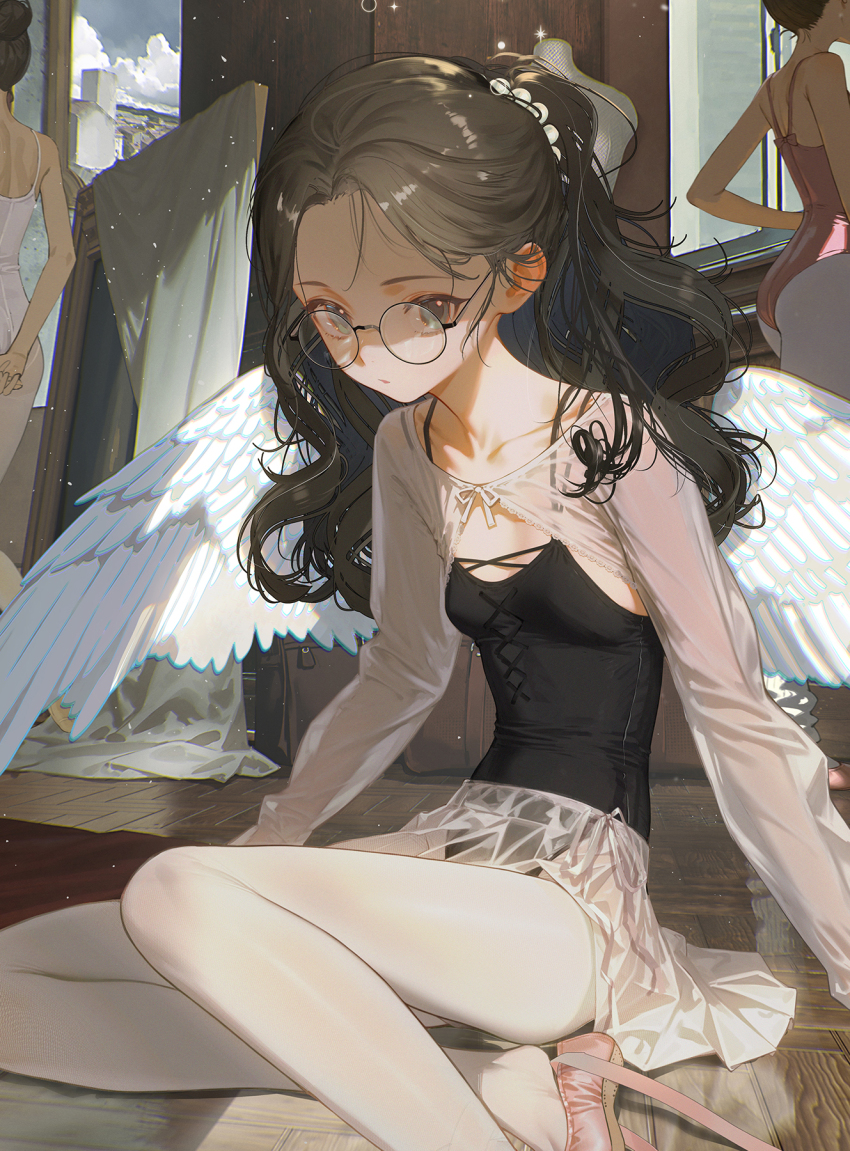 3girls angel angel_wings athletic_leotard ballerina ballet_slippers black_hair black_leotard breasts eshi_100_nin_ten expressionless glasses grey_eyes highres leotard long_hair looking_at_viewer multiple_girls original pantyhose reflective_floor round_eyewear see-through_clothes see-through_sleeves shiomi_(lowrise) sitting small_breasts solo_focus white_pantyhose wings wooden_floor