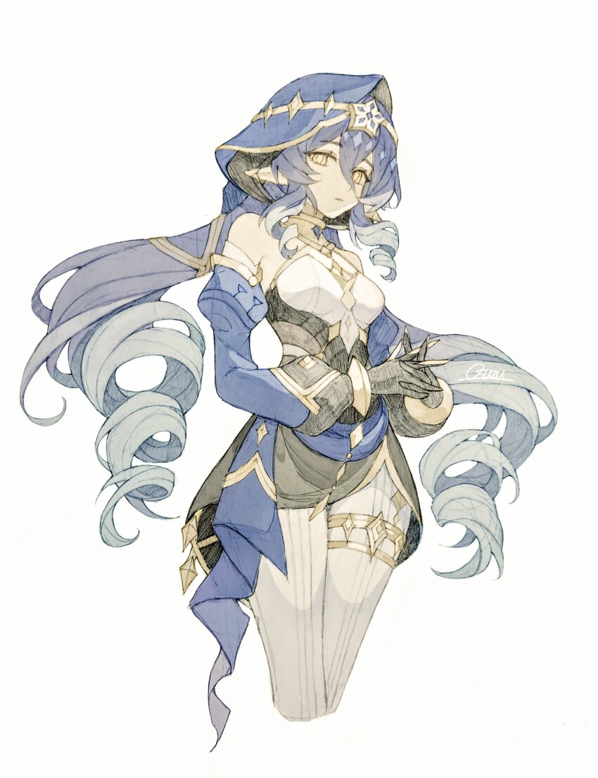 1girl artist_name bare_shoulders black_dress black_gloves blue_hair blue_hood blue_sleeves bodysuit bracelet breasts circlet closed_mouth commentary cowboy_shot crystal detached_sleeves dress drill_hair genshin_impact gloves gold_bracelet gold_trim gradient_hair hair_between_eyes highres jewelry juliet_sleeves layla_(genshin_impact) long_hair long_sleeves looking_at_viewer medium_breasts multicolored_hair neck_ring osuzu0613 own_hands_together puffy_detached_sleeves puffy_long_sleeves puffy_sleeves sidelocks simple_background solo standing star_(symbol) symbol-only_commentary thigh_strap white_background white_bodysuit yellow_eyes