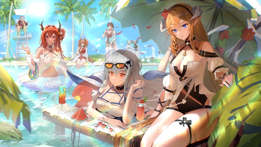 2boys 5girls absurdres angelina_(arknights) angelina_(summer_flower)_(arknights) animal_ears arknights bare_shoulders beach_chair beach_umbrella bear_ears beeswax_(arknights) beeswax_(holiday)_(arknights) bikini black_choker black_dress black_eyes black_hairband black_ribbon blonde_hair blue_eyes blue_nails blue_shorts blurry blurry_background box bracelet breasts brown_hair burnt_clothes carnelian_(arknights) carnelian_(shimmering_dew)_(arknights) casual_one-piece_swimsuit cherry choker cleavage closed_eyes closed_mouth clothing_cutout cloud cloudy_sky cocktail_glass collarbone criss-cross_halter cup dark_skin demon_girl demon_horns detached_sleeves dragon_girl dragon_horns dress drinking_glass eating eyewear_on_head fingernails fish flagpole flower food fox_ears fruit goat_girl goat_horns grey_hair hair_rings hairband halterneck hammock hand_in_own_hair hat highres holding holding_box holding_own_hair hoop horns ice_cream in_water inflatable_orca inflatable_toy jaye_(arknights) jaye_(beach_guard)_(arknights) jewelry leaf lemon lemon_slice lifebuoy lifeguard lifeguard_chair long_hair long_sleeves looking_at_viewer low-tied_long_hair lying medium_breasts multiple_boys multiple_bracelets multiple_girls navel navel_cutout necklace no_headwear off-shoulder_shirt off_shoulder official_alternate_costume on_stomach one-piece_swimsuit orange-tinted_eyewear orca_hair_ornament outdoors palm_leaf palm_tree phonograph pointy_ears purple_eyes red_dress red_eyes red_flower red_hair red_hairband red_one-piece_swimsuit red_shirt ribbon saileach_(arknights) saileach_(summer_flowers)_(arknights) shirt short_shorts short_sleeves shorts side-tie_bikini_bottom simple_background sitting skadi_(arknights) skadi_(waverider)_(arknights) sky stainless_(arknights) stainless_(beach_guard)_(arknights) standing star_(symbol) strawberry stuffed_orca sun_hat sunglasses sunlight surtr_(arknights) surtr_(colorful_wonderland)_(arknights) swim_ring swimsuit thigh_strap thighhighs thighs tinted_eyewear tree twintails ufoliving umbrella very_long_hair visor_cap water watermelon watermelon_slice white_dress white_hair white_headwear white_thighhighs