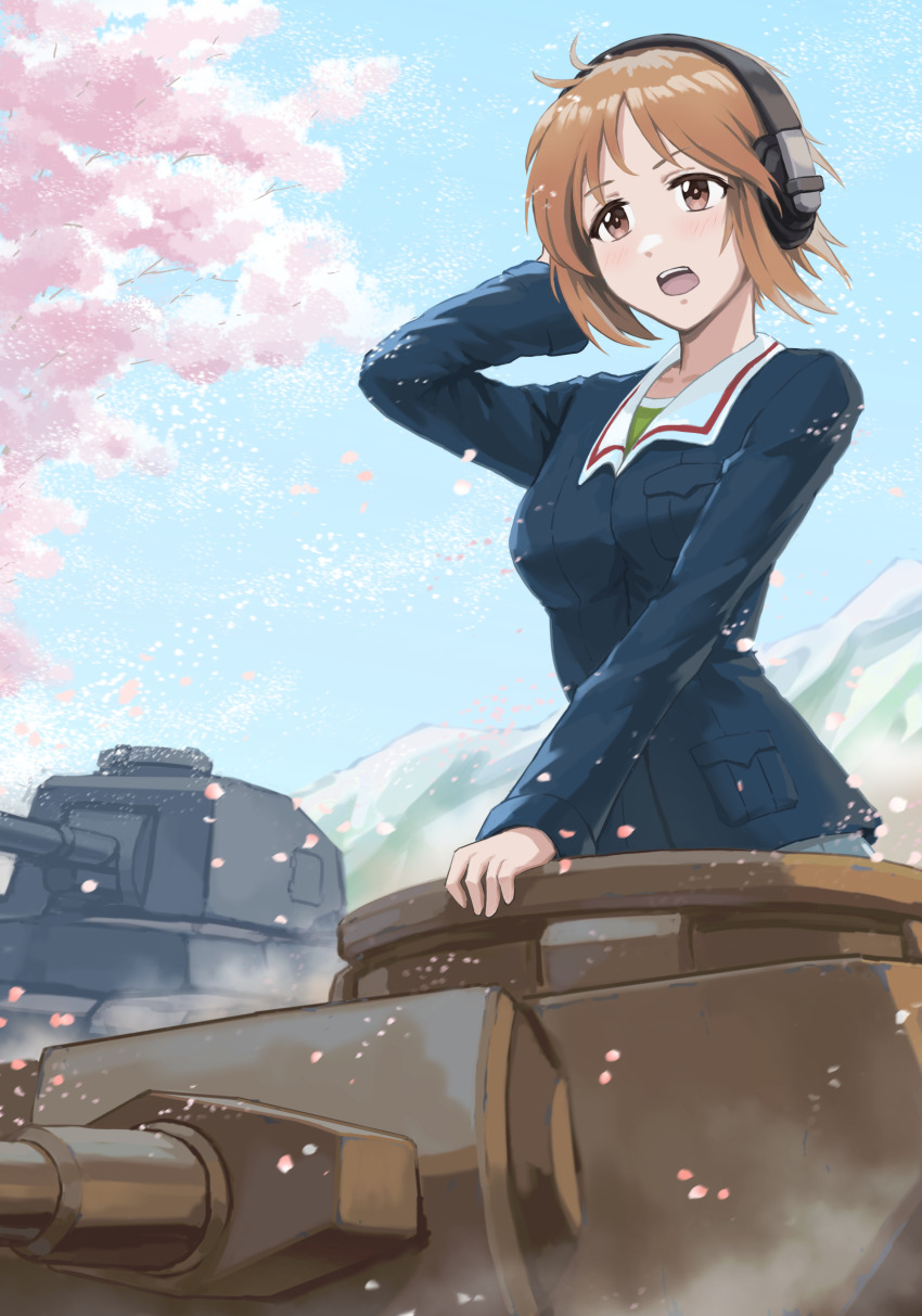 1girl absurdres arm_up blue_jacket blue_sky brown_eyes brown_hair cherry_blossoms commentary day frown girls_und_panzer green_shirt hand_on_headphones headphones highres jacket long_sleeves looking_to_the_side military_uniform military_vehicle motor_vehicle nishizumi_miho ooarai_military_uniform open_mouth outdoors panzer_iv pencil_pusher shirt short_hair sky solo tank tree wind