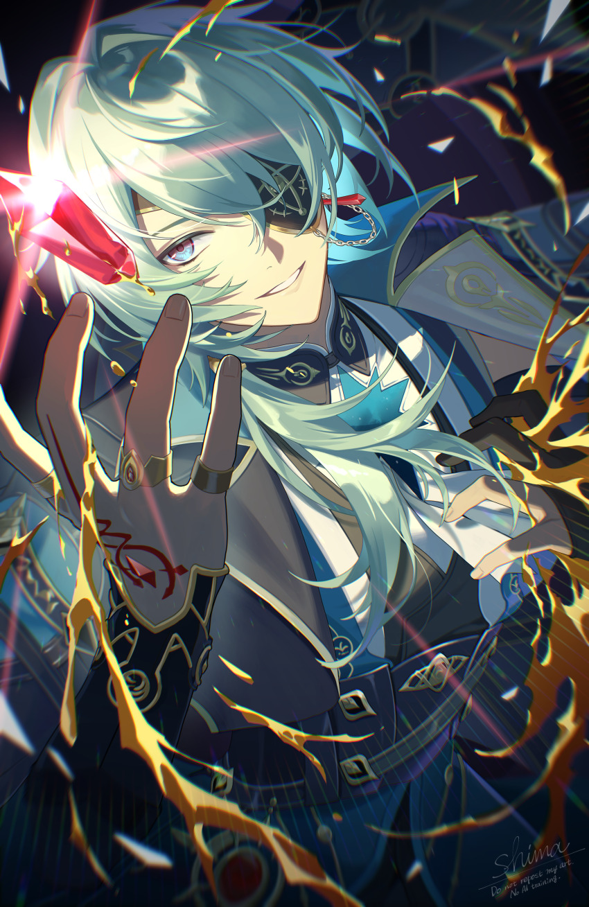 1boy absurdres anaxa_(honkai:_star_rail) aqua_coat aqua_eyes aqua_hair artist_name ascot black_capelet black_corset black_gloves black_pants blue_vest brooch capelet coat commentary_request corset crystal crystal_earrings earrings gem gloves gold_trim hair_between_eyes hair_intakes hair_over_shoulder hand_up highres honkai:_star_rail honkai_(series) jewelry liquid_gold long_hair long_sleeves looking_at_object low_ponytail male_focus multicolored_eyes multiple_rings noes pants partially_fingerless_gloves ponytail purple_eyes red_gemstone ring shirt signature single_glove sleeveless sleeveless_shirt solo two-tone_eyes vest watermark white_ascot white_shirt