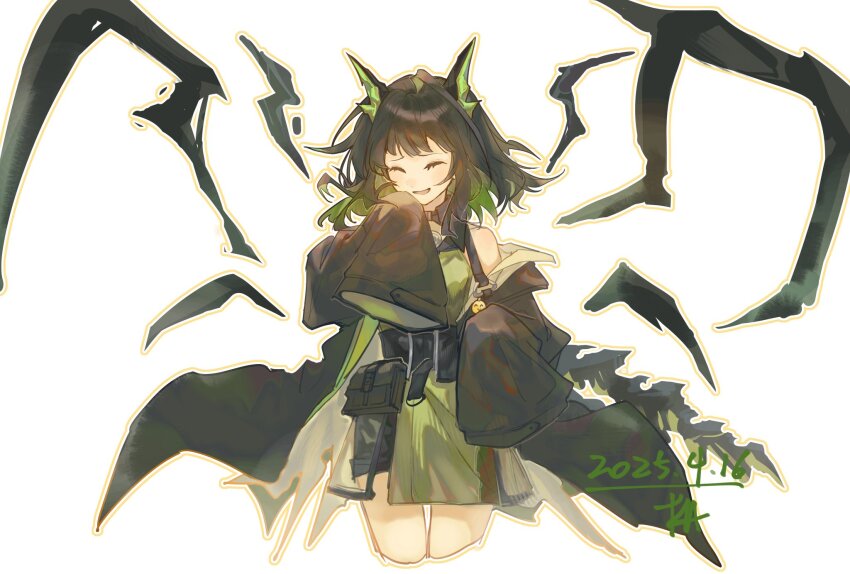 1girl ^_^ ahoge animal_ears arknights bare_shoulders belt belt_pouch black_belt black_hair black_jacket black_tail blush closed_eyes colored_inner_hair commentary_request cropped_legs dated dress emoji fake_animal_ears giggling green_dress green_hair hand_up highres huge_ahoge jacket maplebyebye medium_hair mon3tr_(arknights) multicolored_hair off_shoulder open_mouth pouch see-through_clothes simple_background sleeveless sleeveless_dress sleeves_past_fingers sleeves_past_wrists solo swept_bangs two-tone_hair white_background