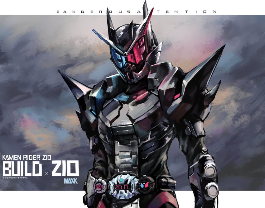 1boy adapted_costume alternate_costume armor black_bodysuit blue_eyes bodysuit clock_hands commentary english_commentary hazard_trigger heterochromia highres kamen_rider kamen_rider:_heisei_generations_forever kamen_rider_build_(series) kamen_rider_zi-o kamen_rider_zi-o_(series) max-k red_eyes rider_watch shoulder_spikes spiked_armor spikes symmetry ziku_driver