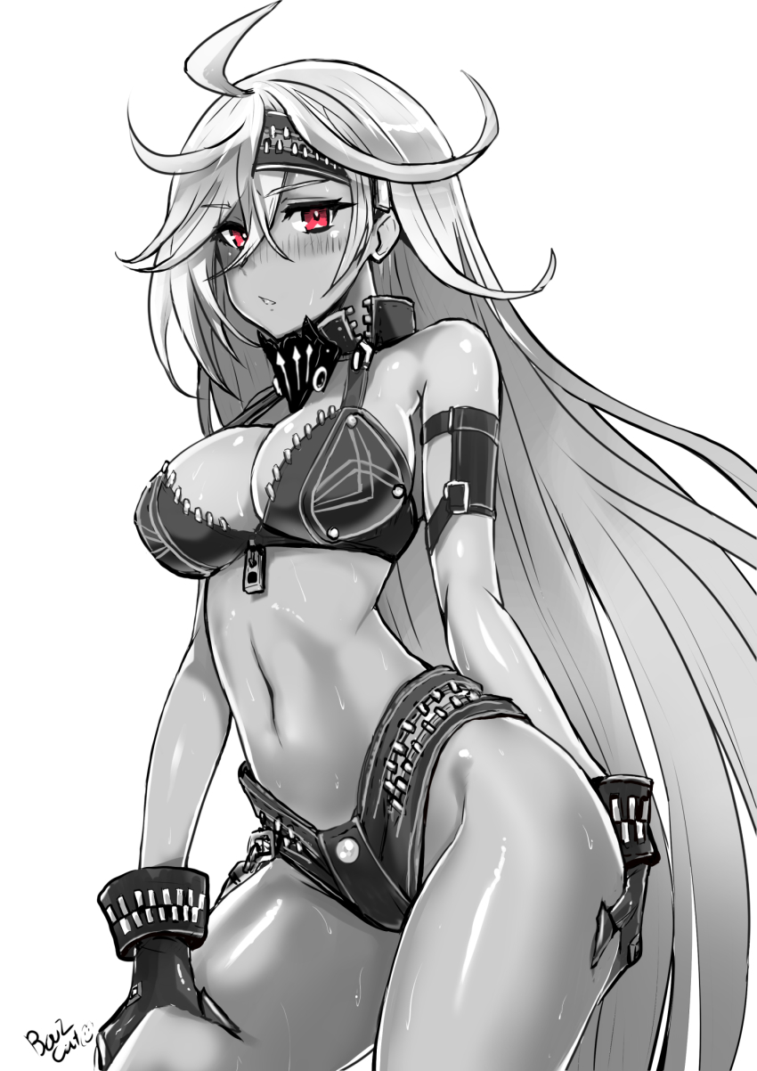 1girl ahoge bazooka_cat breasts cleavage cowboy_shot dark-skinned_female dark_skin female_focus greyscale hair_between_eyes highres laevateinn_(phantom_of_the_kill) large_breasts long_hair looking_at_viewer monochrome phantom_of_the_kill red_eyes solo swimsuit thighs very_long_hair