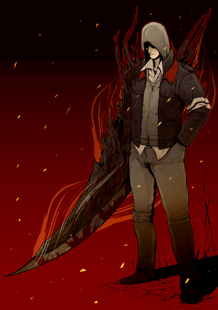 1boy absurdres alex_mercer arm_blade brown_hoodie hand_in_pocket highres hood hood_up hoodie jacket male_focus open_clothes open_jacket prototype_(game) red_background semiotto shaded_face weapon zipper zipper_pull_tab